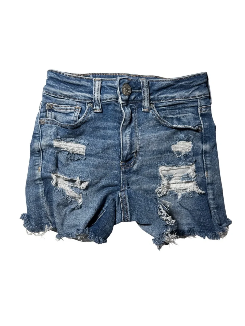 American Eagle High Rise Shortie Denim Shorts Sz 00 Dark Blue Next Level Stretch